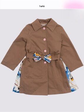 Emilio Pucci Brown Kids Trench Coat with Pink Buttons & Blue Patterned Bow